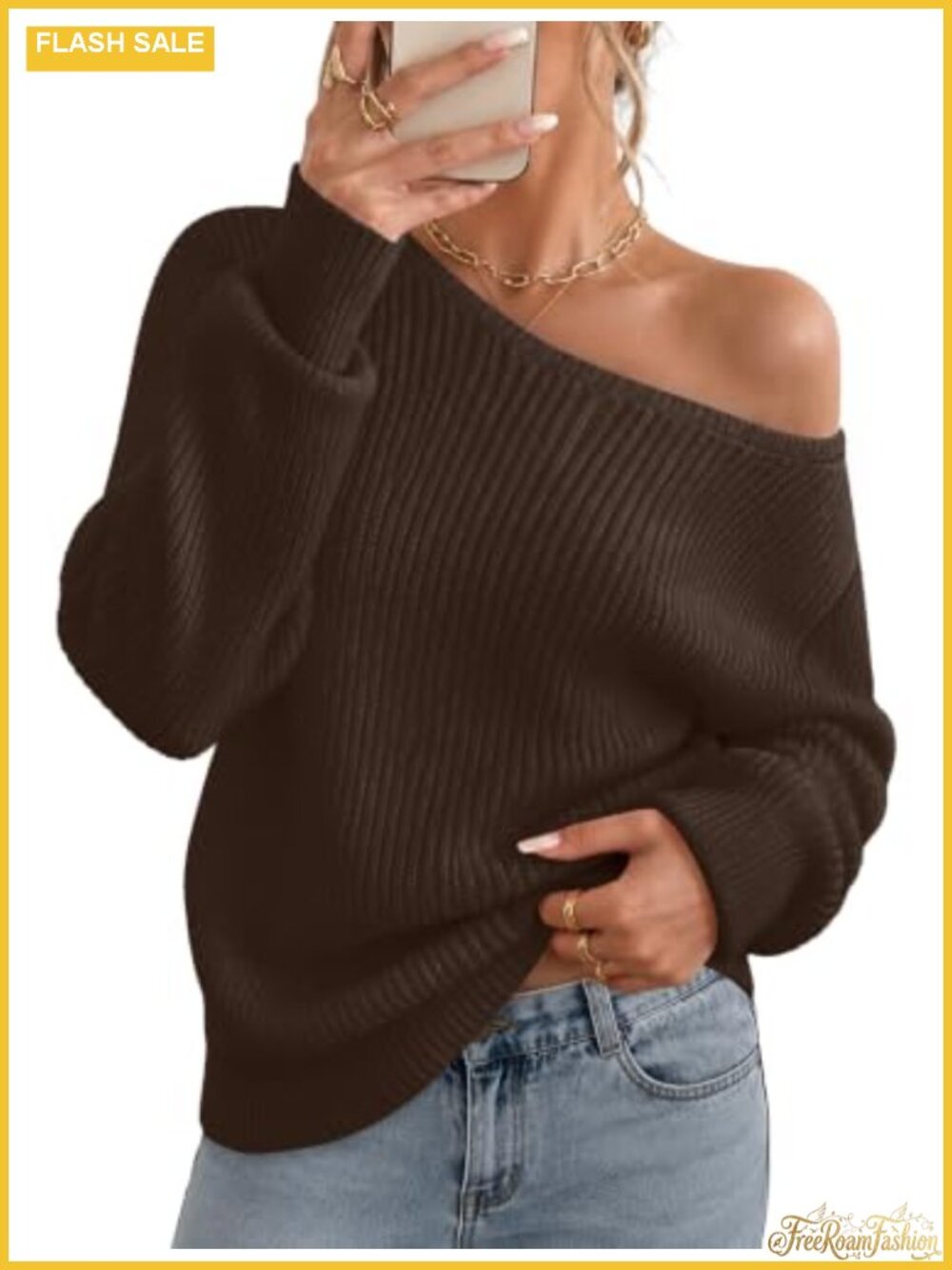 Women's Off Shoulder Sweater Long Sleeve Crochet Knit Pullover